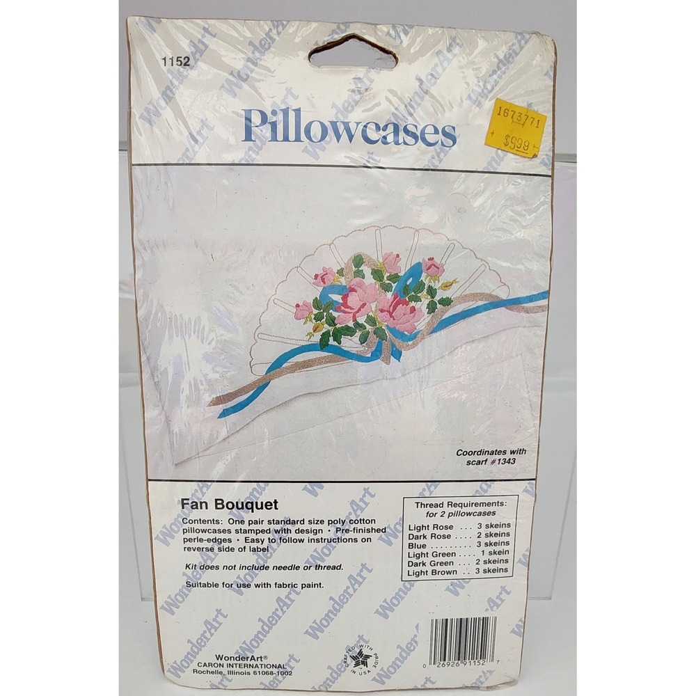 WonderArt Fan Bouquet Stamped Pillowcase Kit Standard White NEW Floral 1152 Vtg